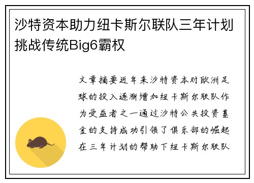 沙特资本助力纽卡斯尔联队三年计划挑战传统Big6霸权